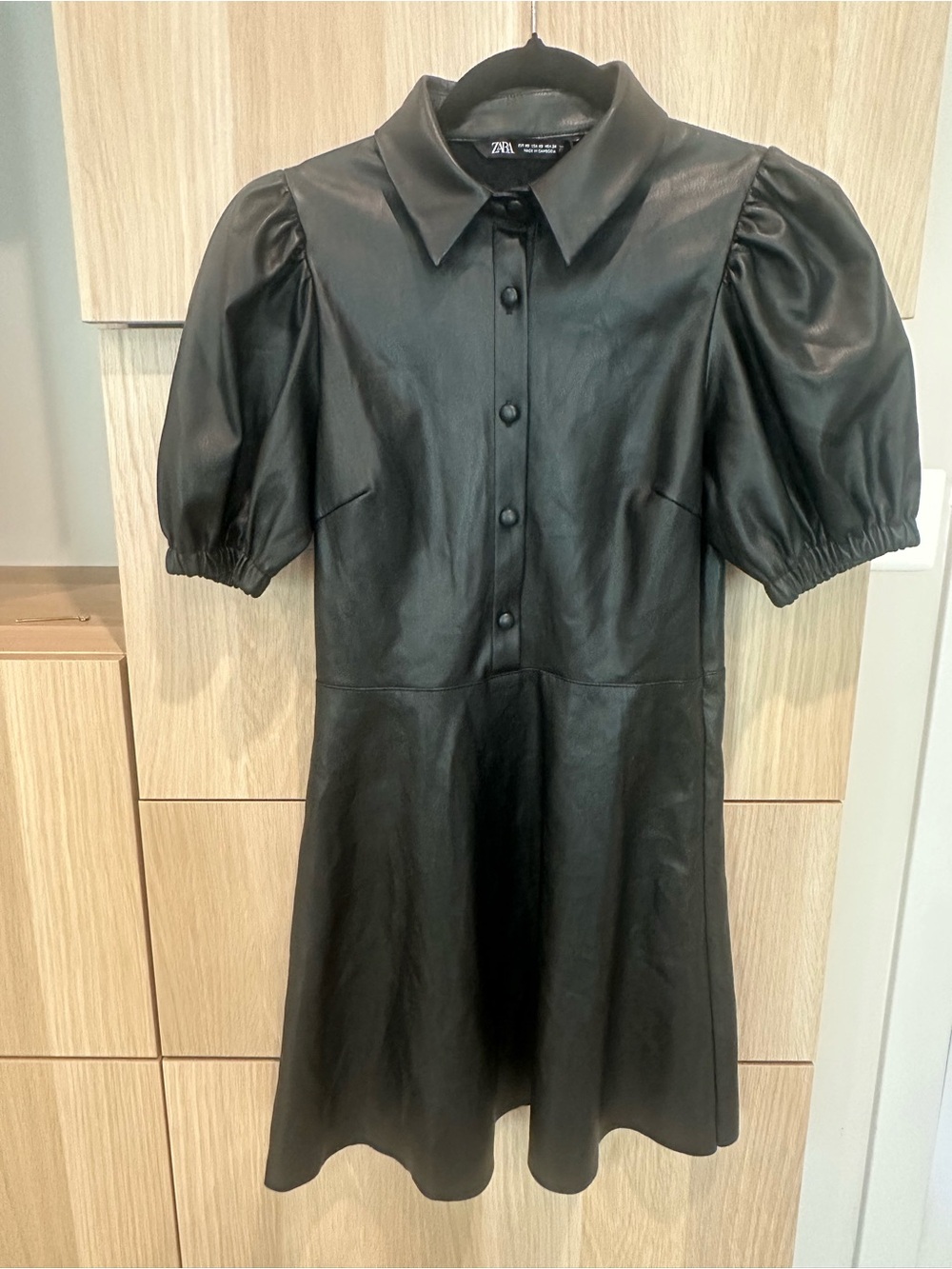 Zara Black Faux Leather Puff-Sleeve Midi Dress